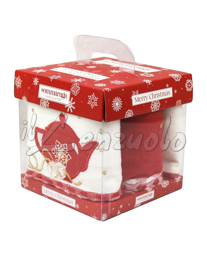 Set 3 strofinacci natalizi in cotone con scatola regalo rettangolare Multicolore 